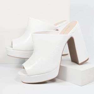 White Leatherette Crocodile Embossed Peep Toe Heels